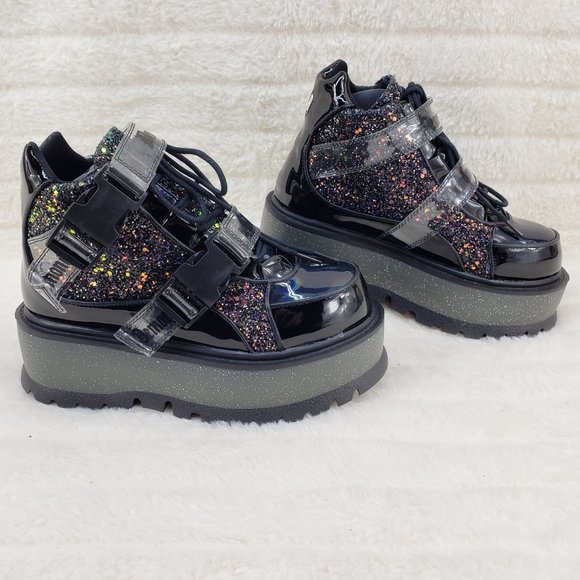 Black Multi Glitter Platform Sneaker Ankle Boots Slacker